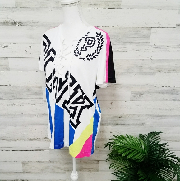 PINK Victoria's Secret Neon Striped Lace Up Tee - Picture 2 of 8